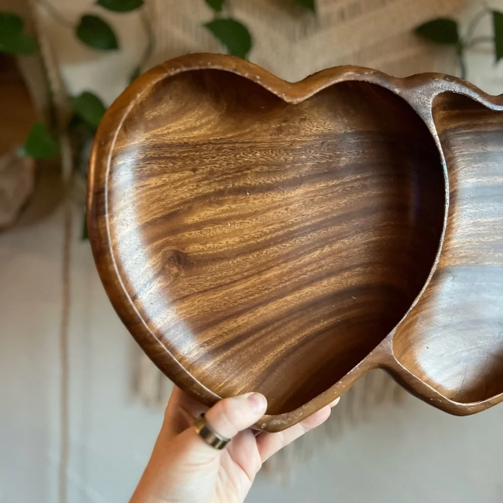 Vintage Monkeypod Double Heart Bowl Hand-Carved Wood Serving Tray MCM Dish Boho